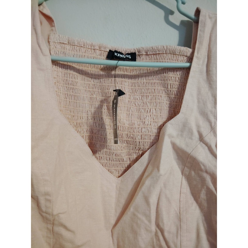 Express Womens Light Pink Puff Sleeve V-Neck Linen Blend Crop Top Size Small - Picture 3 of 5